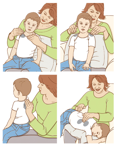 Woman with boy sitting on lap doing four types of CPT on his chest, back, shoulders, and shoulder blades.
