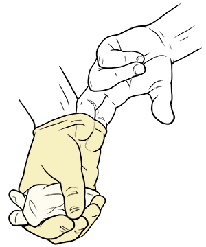 Dos dedos de una mano sacan el guante quirúrgico de la otra mano.